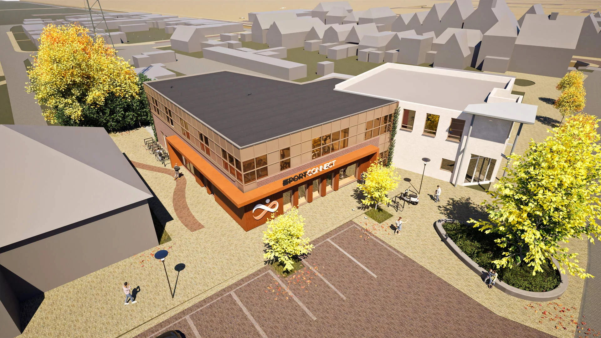 Impressie vogelvlucht van de nieuwe Sport Connect in het centrum van Balk